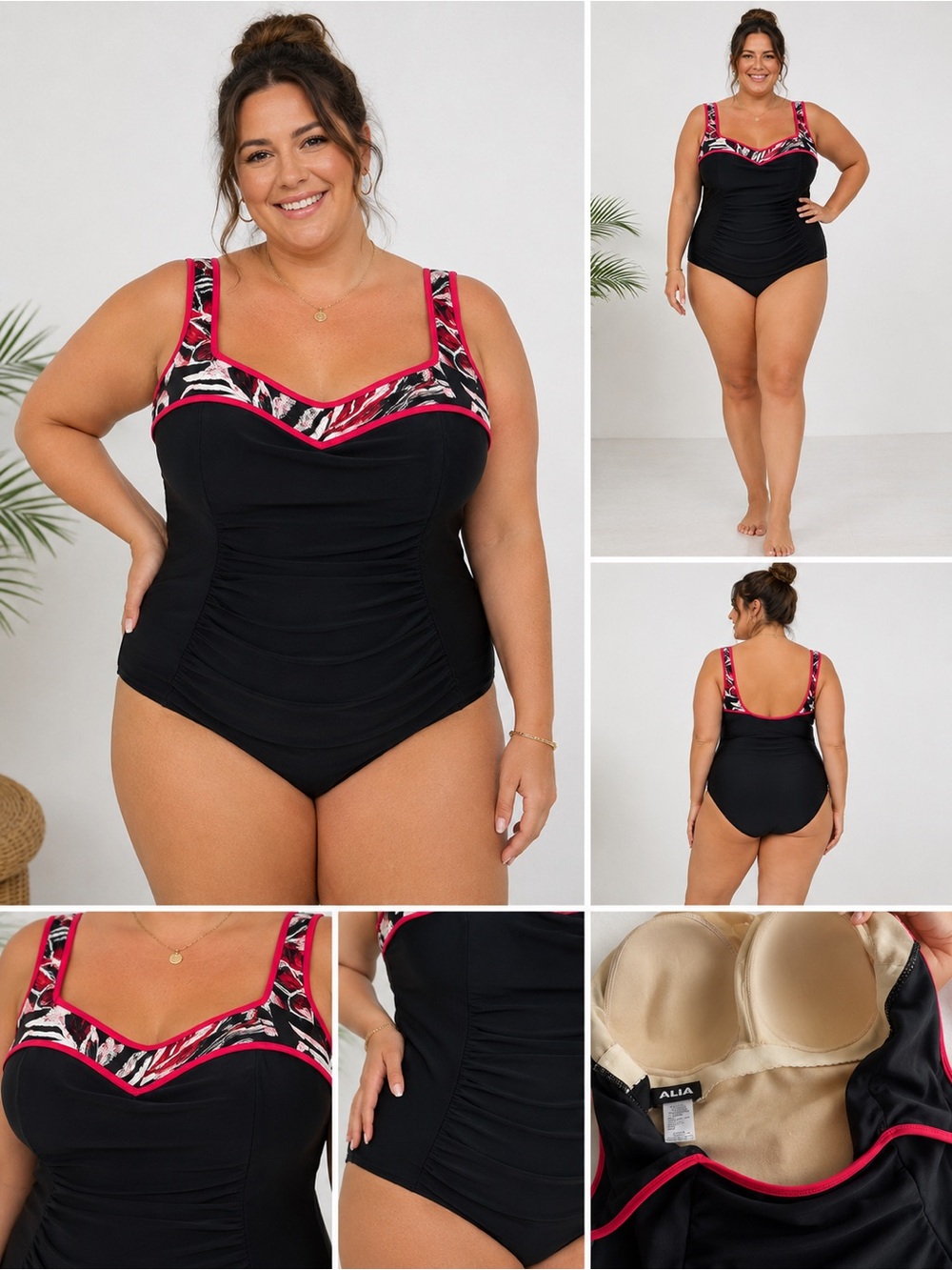ALIA One Piece Swimsuit Women’s Plus Size 20W Black Pink Tummy Control Swimdress